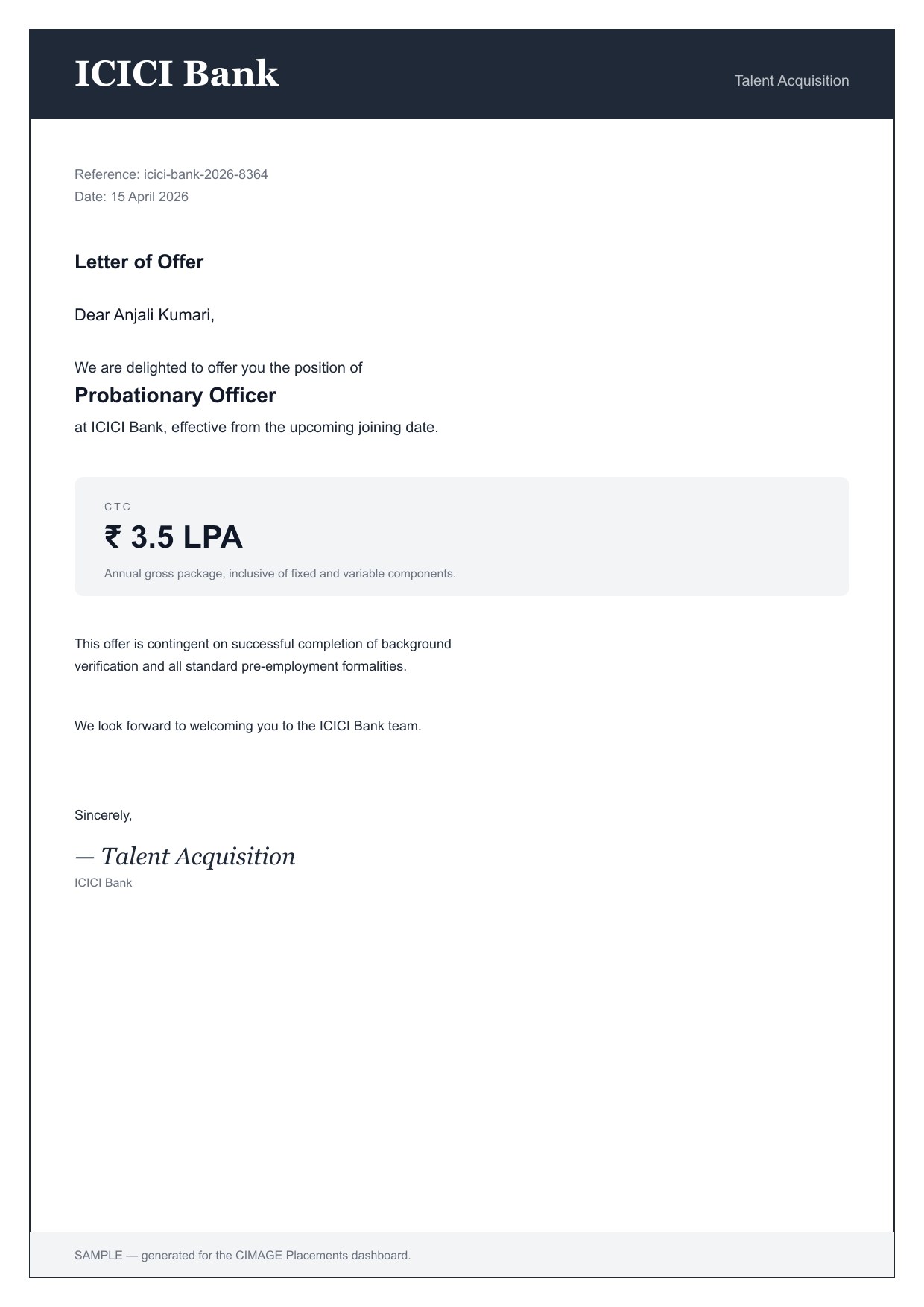 Anjali Kumari — offer letter